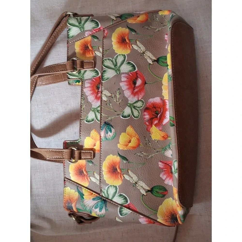 MultiSac Floral Butterfly Dragonfly Satchel Crossbody Handbag Tan Multi Pocket